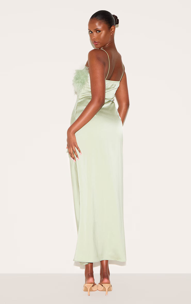 Sage Satin Feather Bust Detail Strappy Maxi Dress