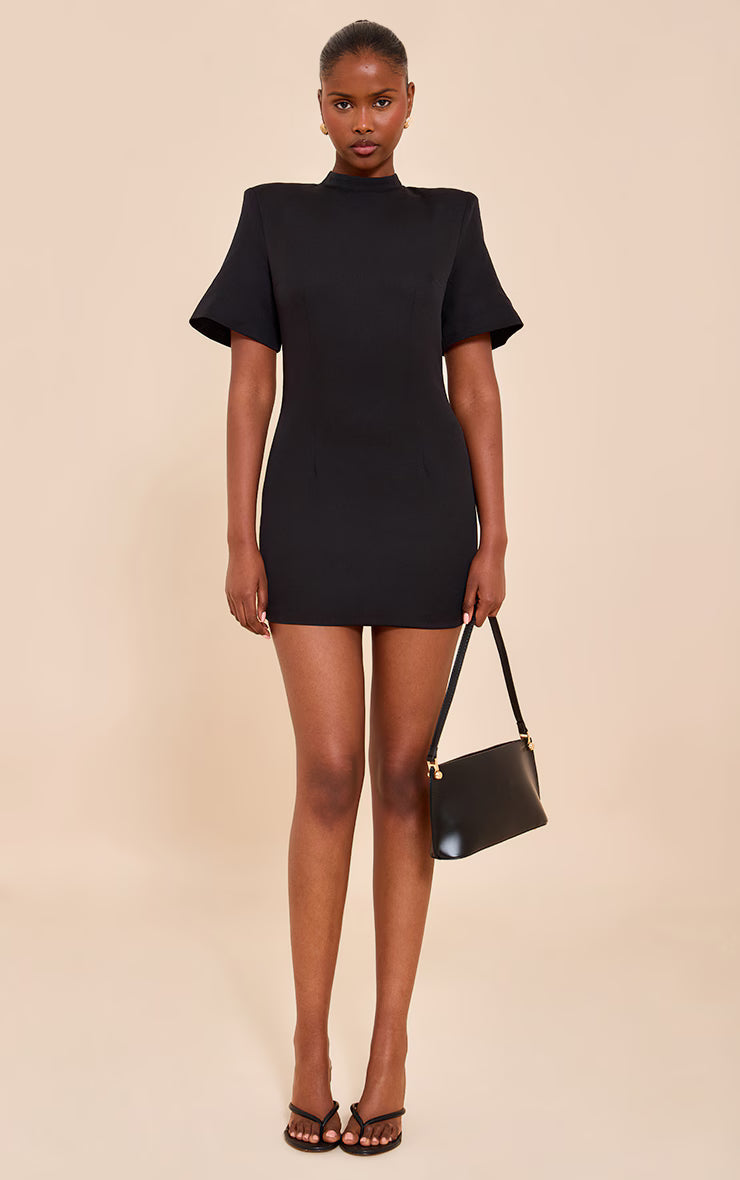 Black Woven Cinched Backless Mini Dress