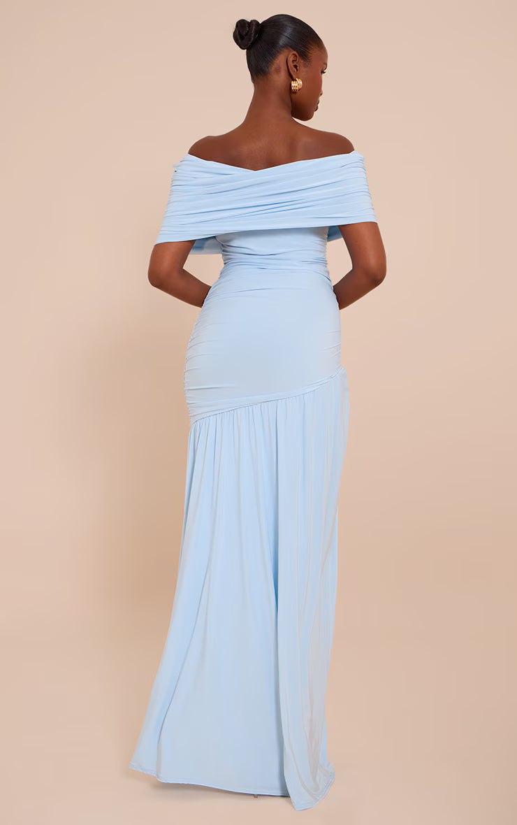 Blue Double Layer Slinky Bardot One Shoulder Ruched Maxi Dress