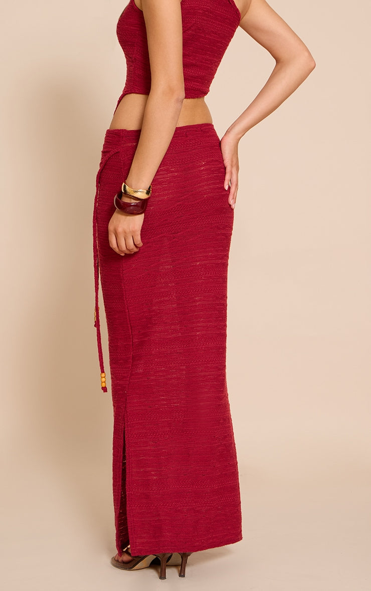 Red Textured Bead Asymmetrical Maxi Skirt