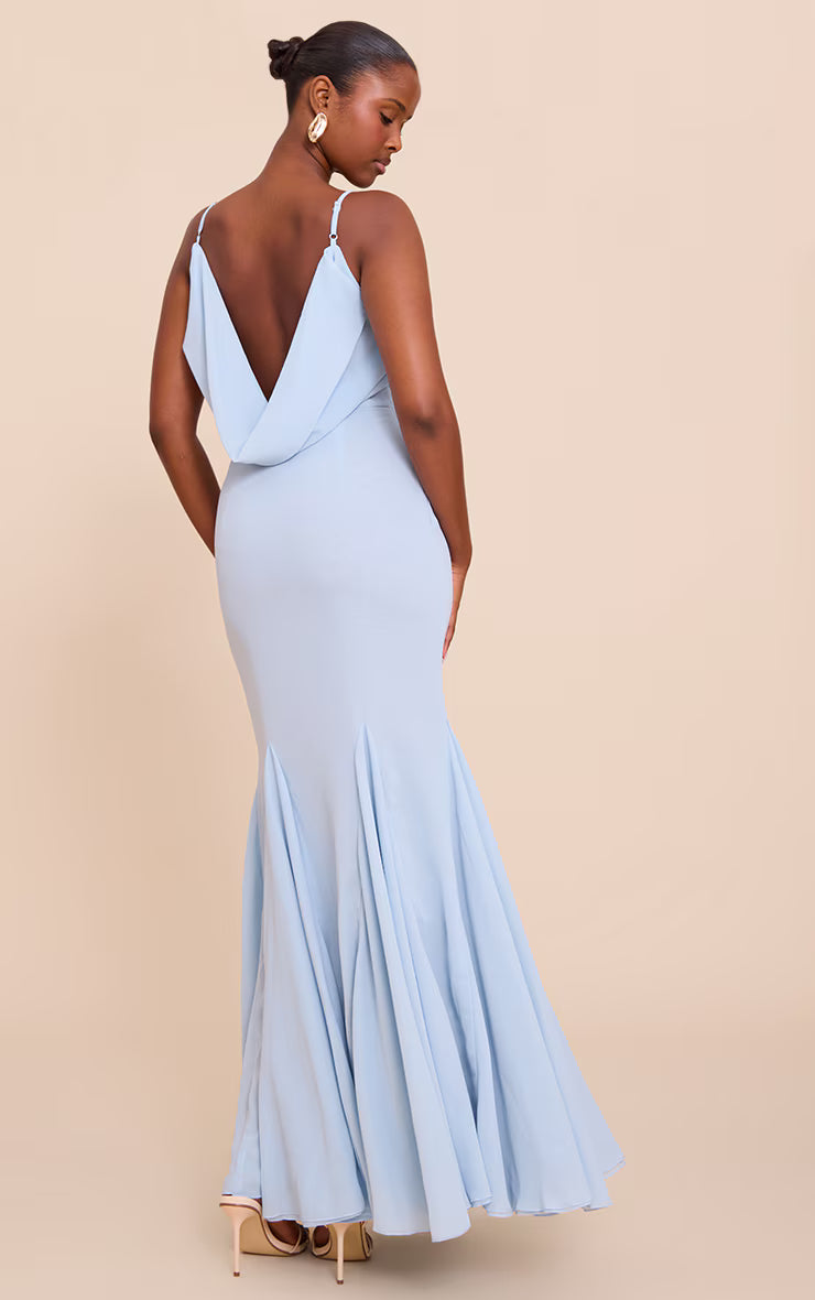 Pale Blue Chiffon Scoop Neck Cowl Back Sleeveless Maxi Dress