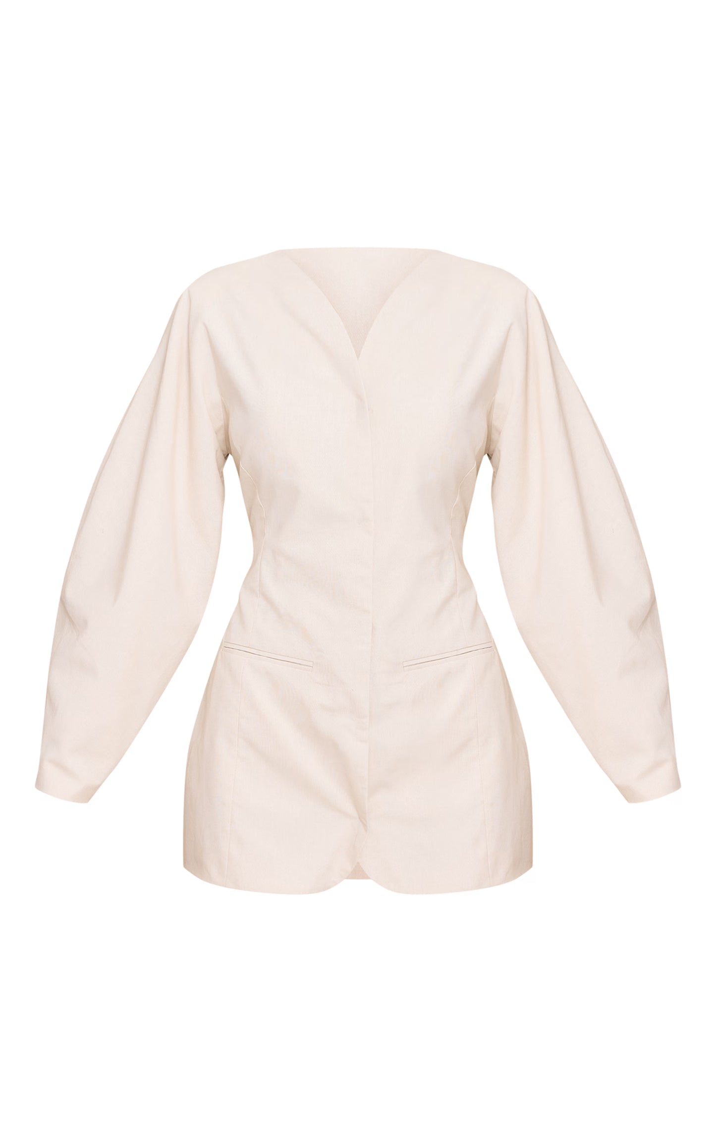 Natural Woven Balloon Sleeve Collarless Blazer Dress