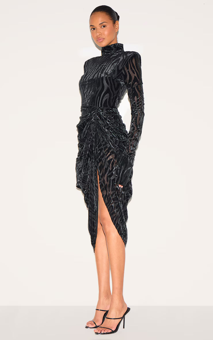 Black Zebra Print Devore High Neck Draped Midi Dress