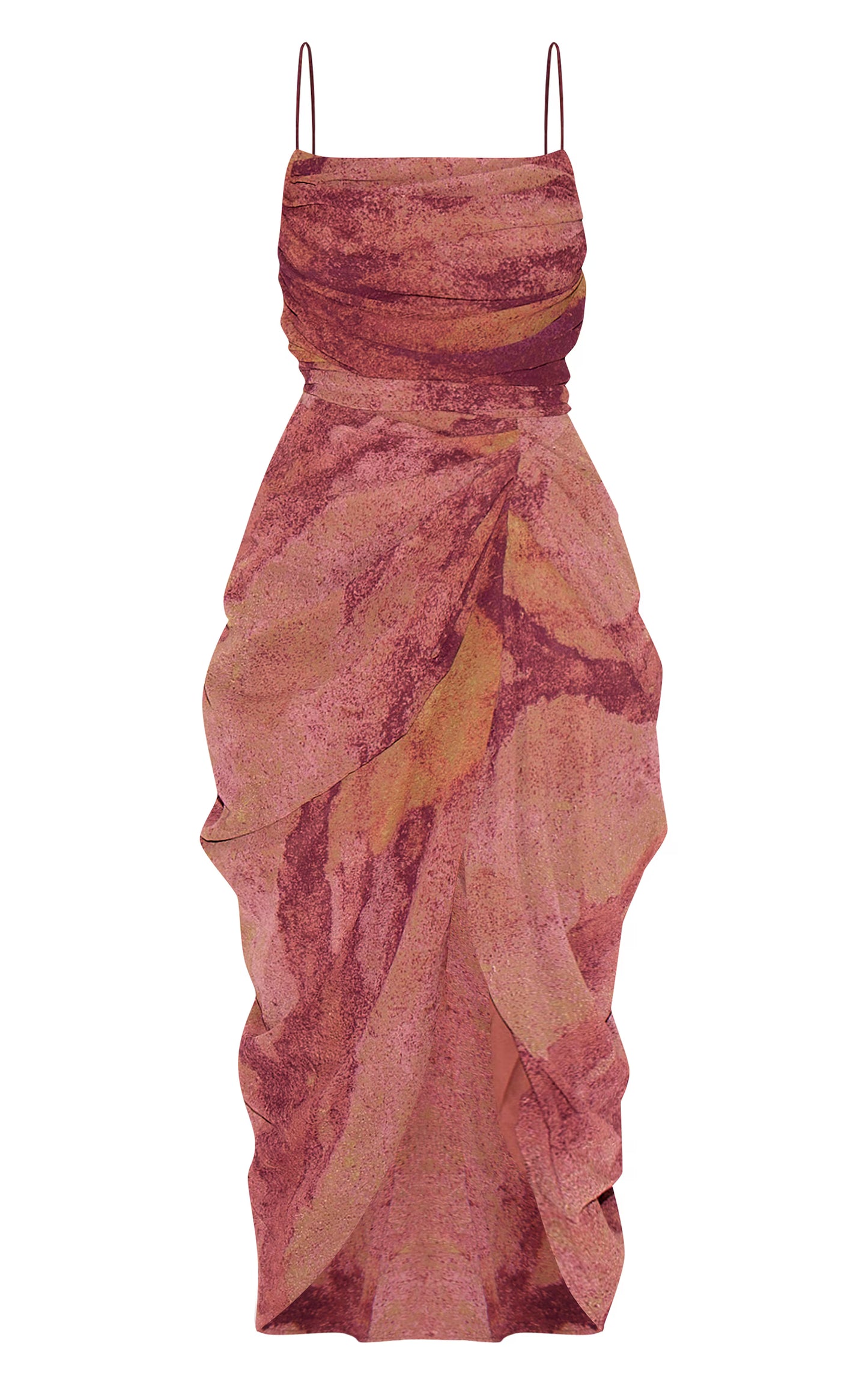 Dark Purple Abstract Print Chiffon Ruched Drape Midi Dress