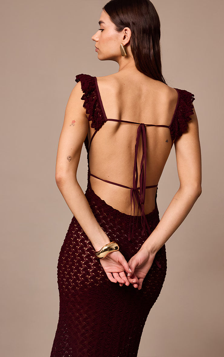 Wine Textured Frill Strap Maxi Dress