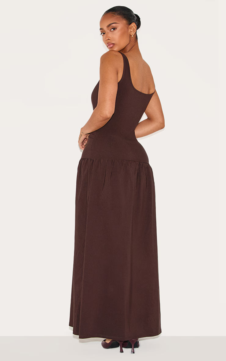 Shape Chocolate Stretch Woven Square Neck Dropped Hem Maxi Shift Dress