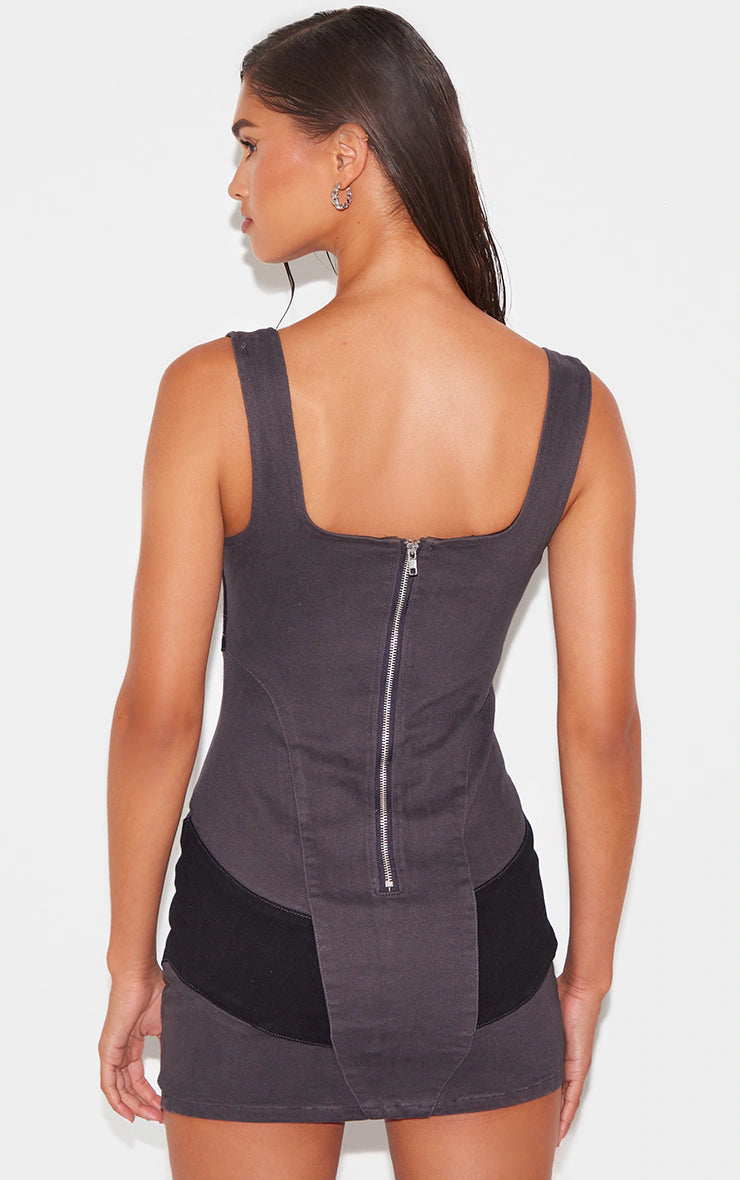 Black Contrast Panel Detail Denim Dress