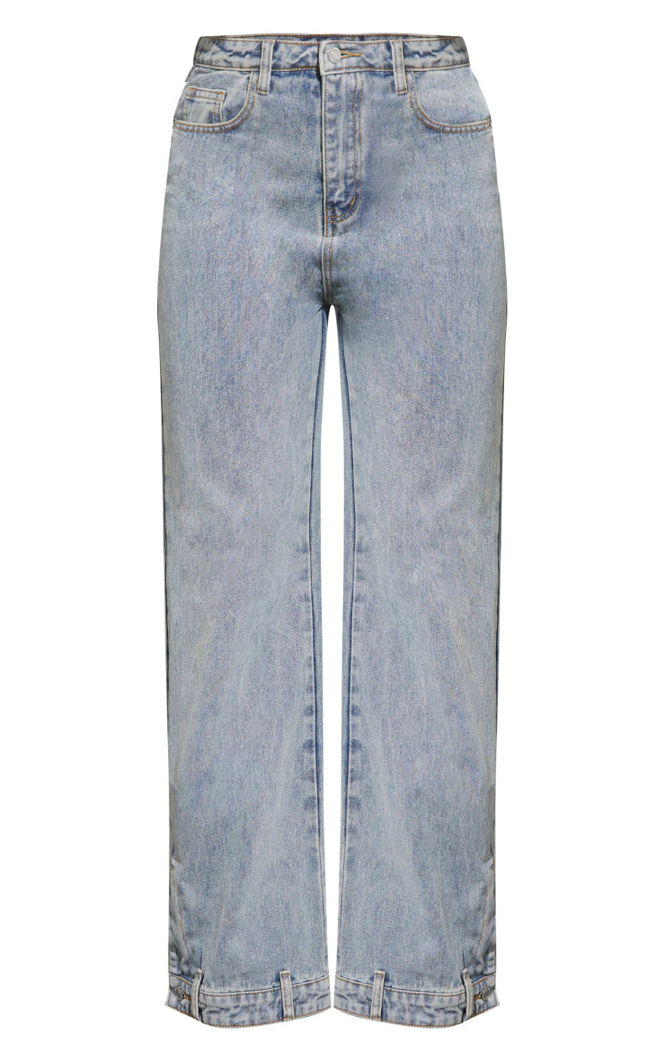 Mid Blue Wash Waistband Detail Hem Straight Leg Jeans