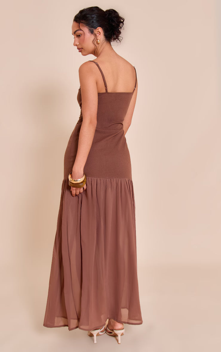 Chocolate Linen Look Strappy Dropped Waist Maxi Dress