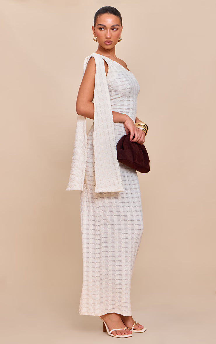 Cream Textured One Shoulder Drape Detail Maxi Dress