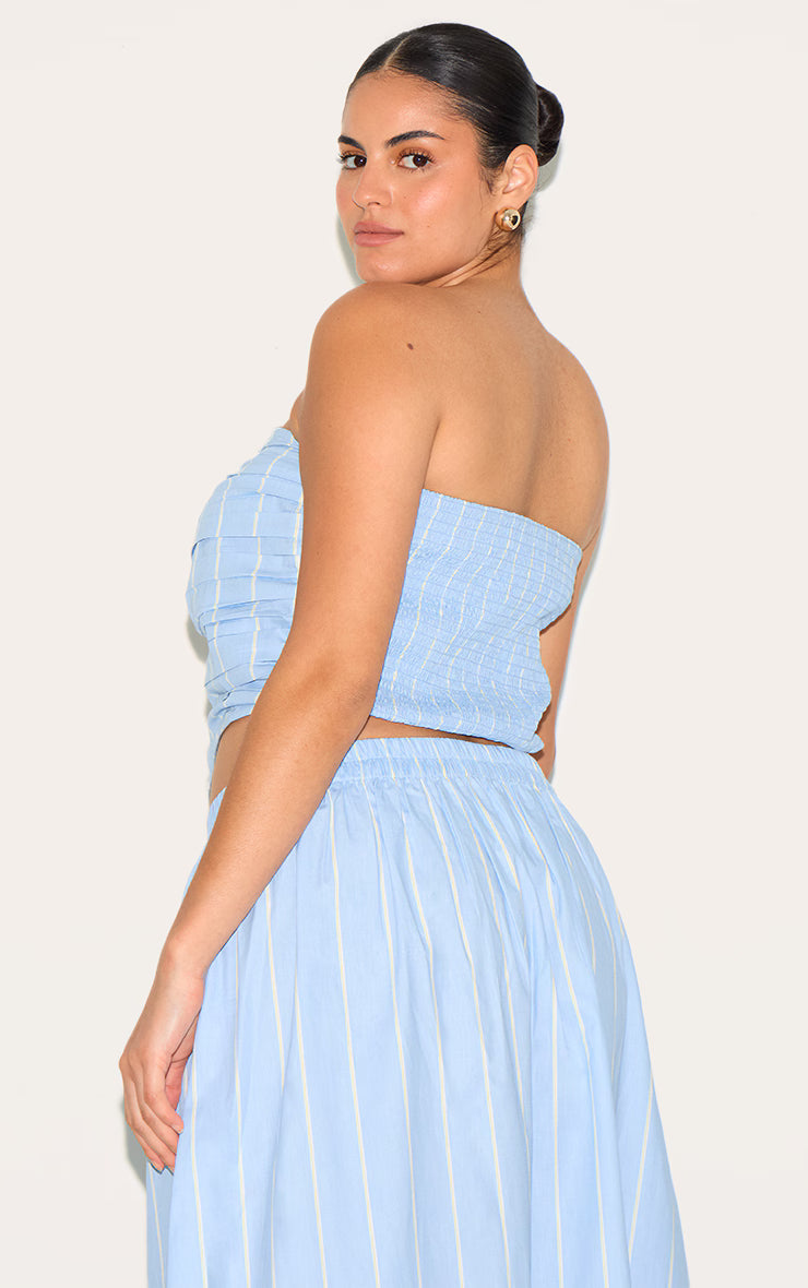 Plus Blue Cotton Poplin Bandeau Ruched Front Top