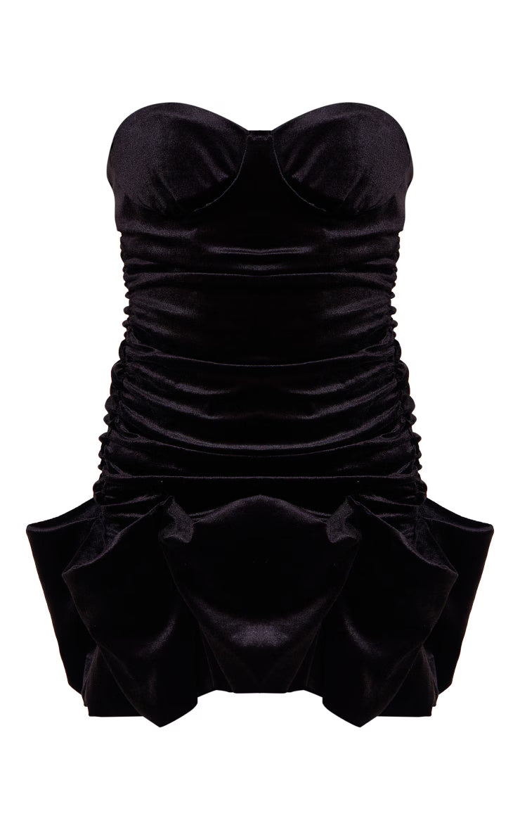 Black Velvet Puff Hem Bandeau Bodycon Dress