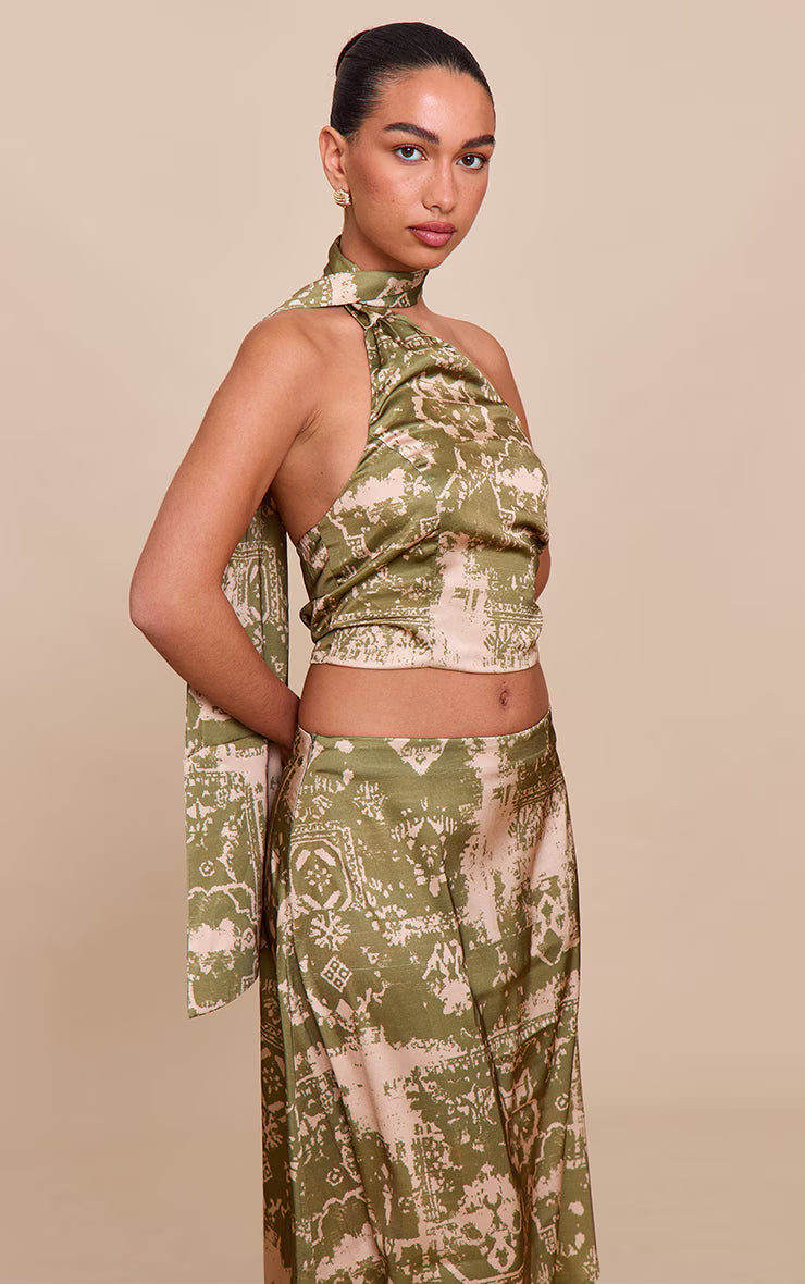 Khaki Printed Satin Asymmetric Midi Skirt