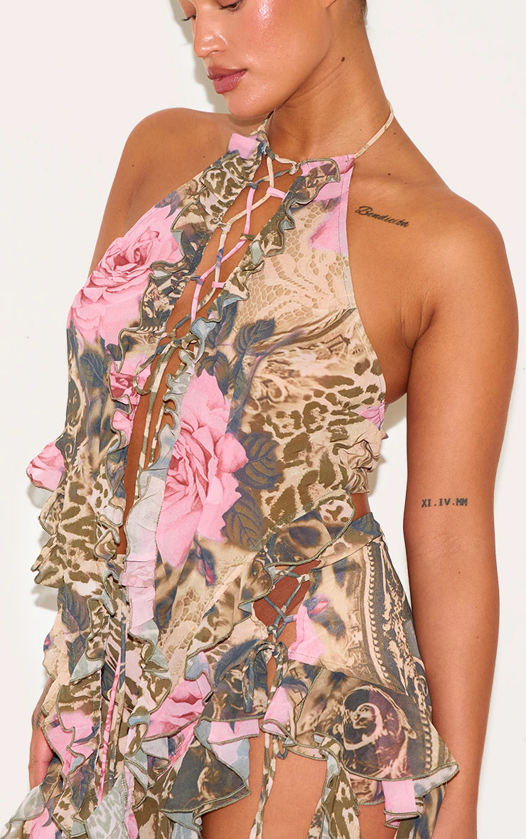 Plus Brown Leopard Print Chiffon Frill Detail Bralet