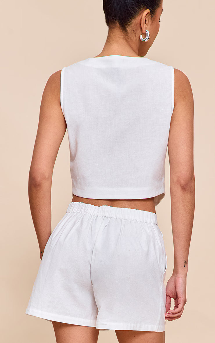 White Linen Look Boxy Detail Vest