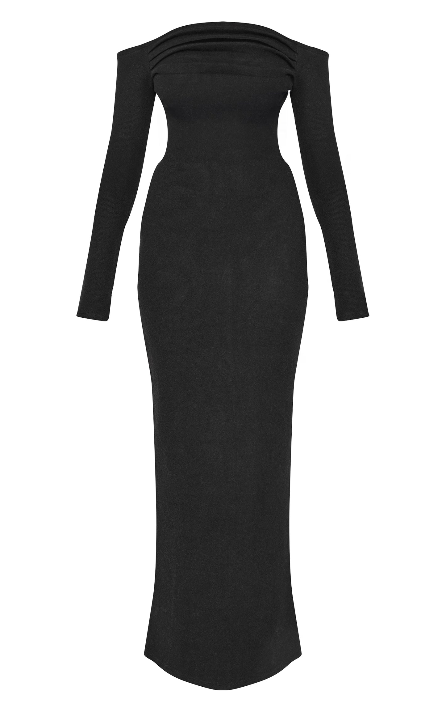 Black Heavy Rib Bardot Long Sleeve Maxi Dress