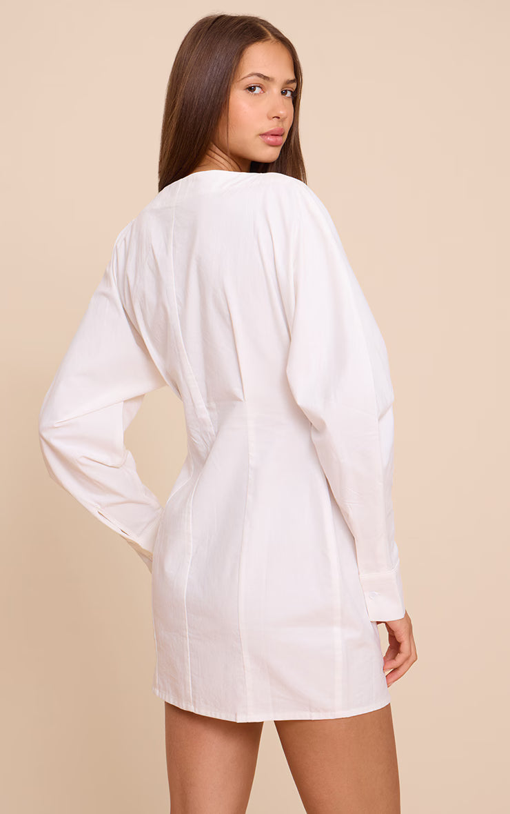 White Button Down Boat Neck Cocoon Sleeve Bodycon Dress