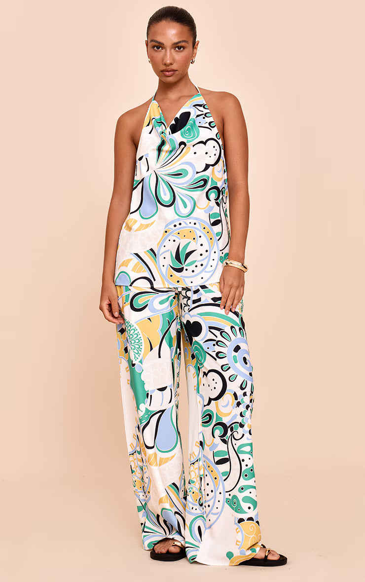 Multi Abstract Print Woven Halter Neck Floaty Long Top