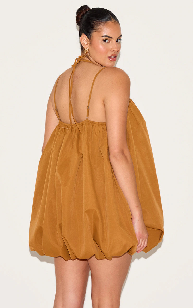 Plus Dark Ochre Halterneck Bead Detail Puffball Dress