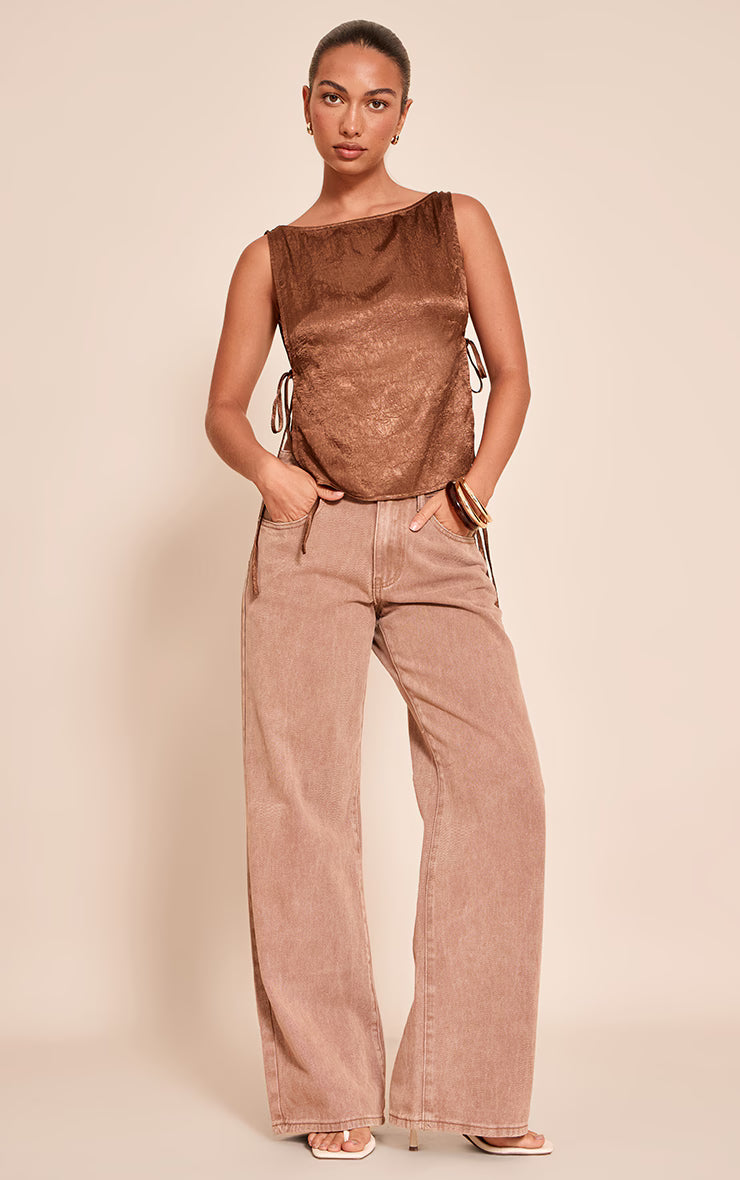 Chocolate Textured Satin Tie Side Long Top