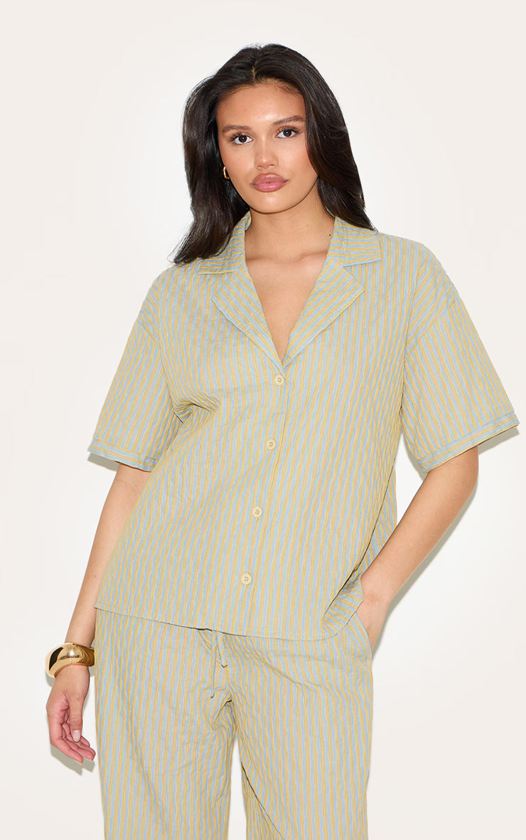 Green Striped Textured Short Sleeve Shirt