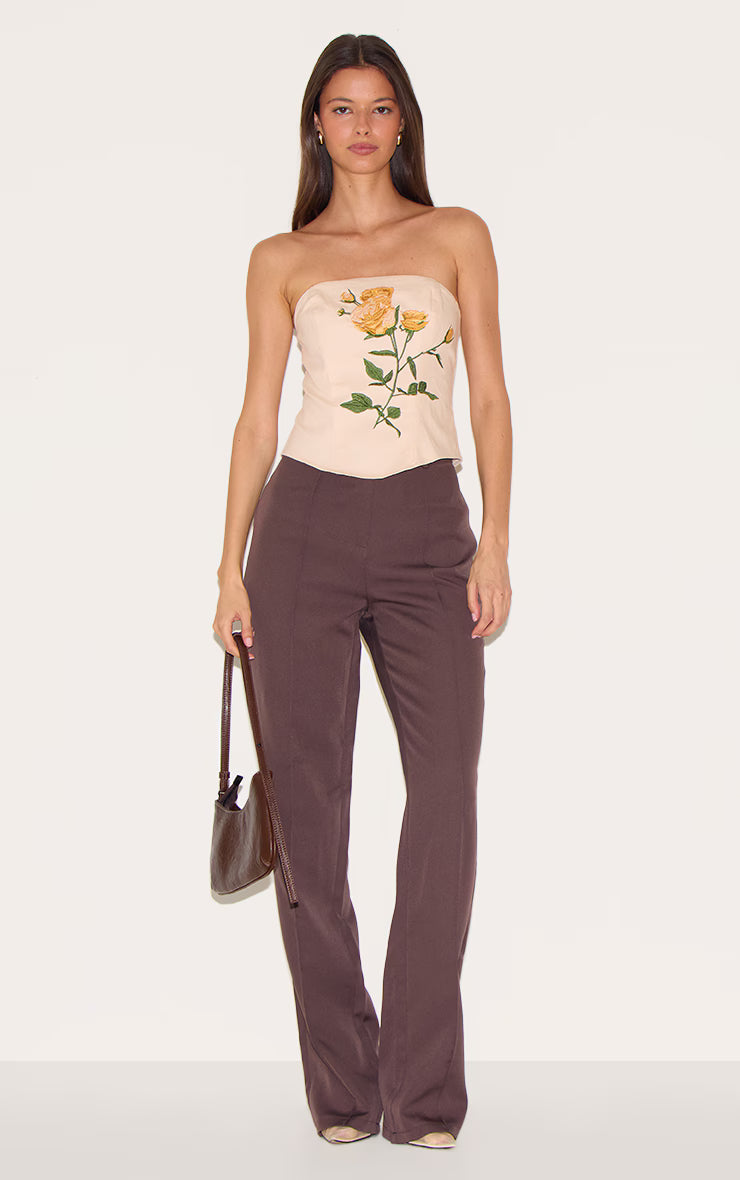 Beige Woven Embroidered Floral Corset