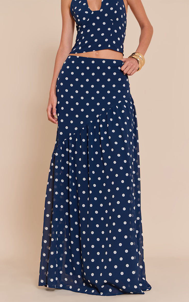 Navy Polka Dot Asymmetric Maxi Skirt