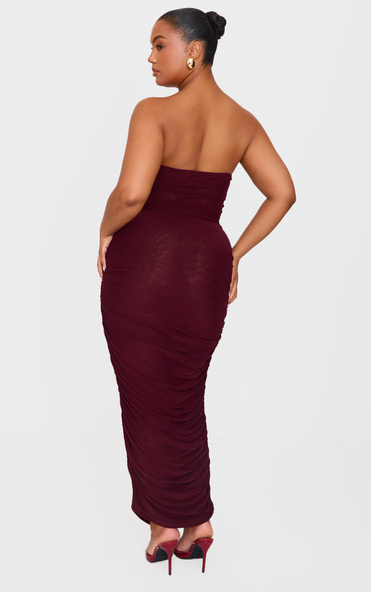 Plus Burgundy Mesh Ruched Cup Detail Maxi Dress
