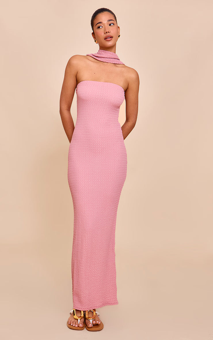 Pink Textured Scarf Detail Bodycon Dress