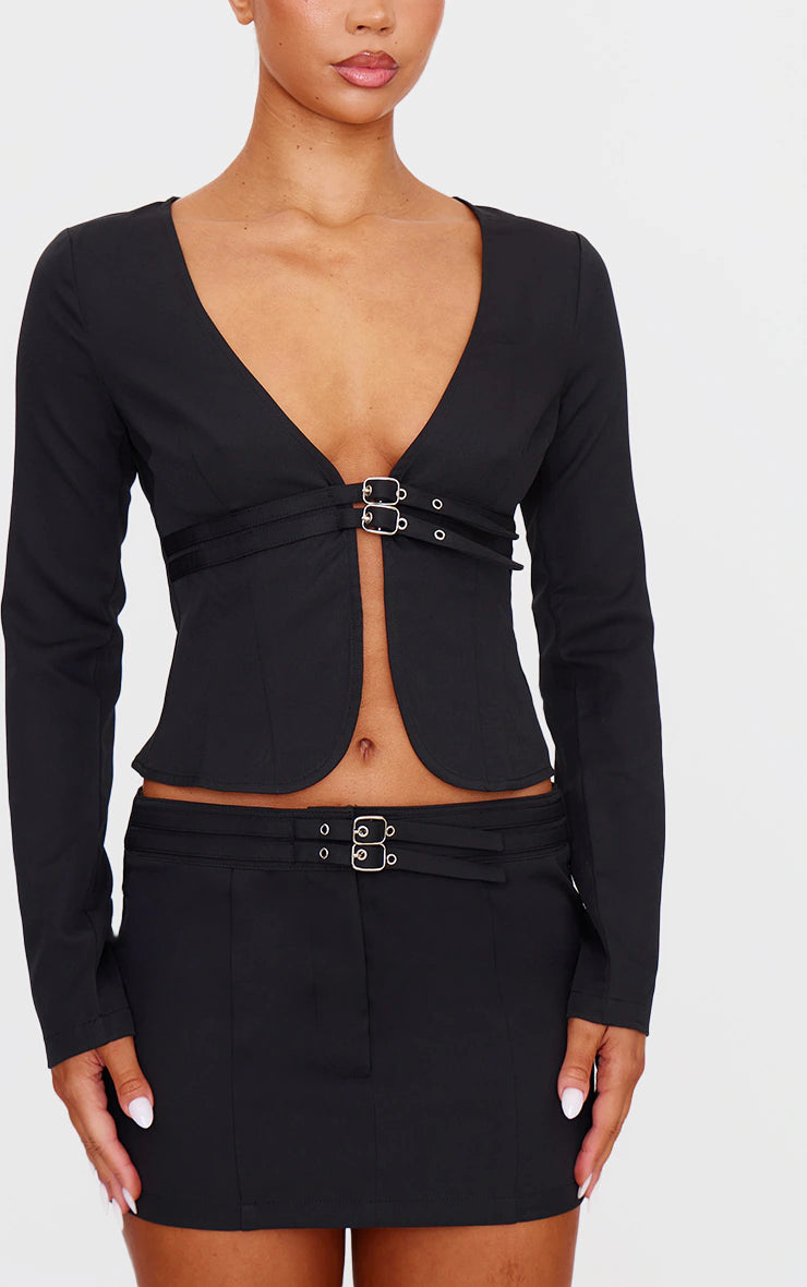 Black Tailored Woven Buckle Detail Low Rise Mini Skirt