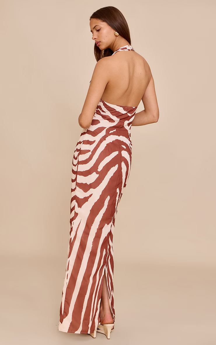 Tan Zebra Abstract Print Chiffon Cowl Neck Maxi Dress