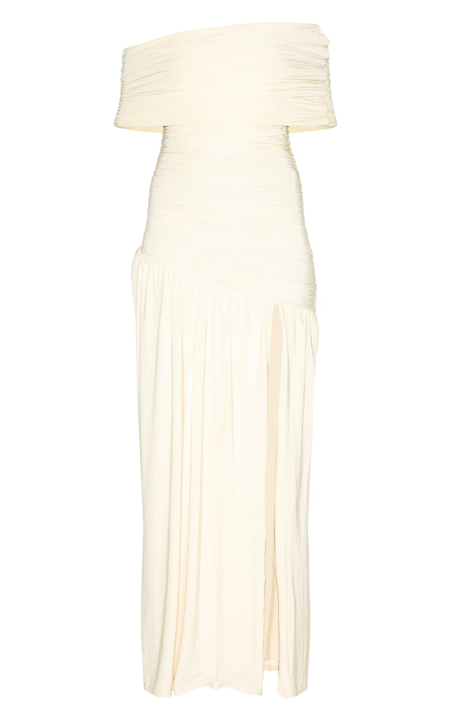Cream Double Layer Slinky Bardot One Shoulder Ruched Maxi Dress