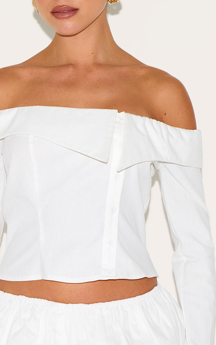 White Linen Blend Bardot Button Up Shirt