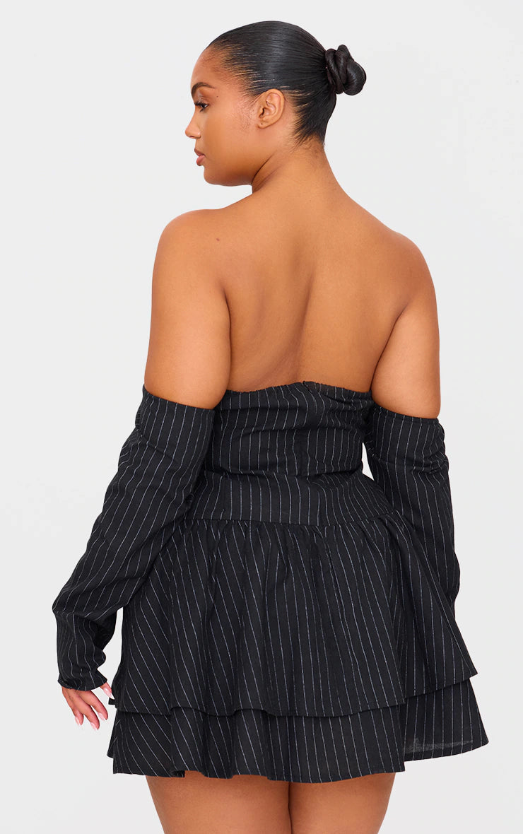 Plus Black Pinstripe Cup Detail Bardot Shift Dress