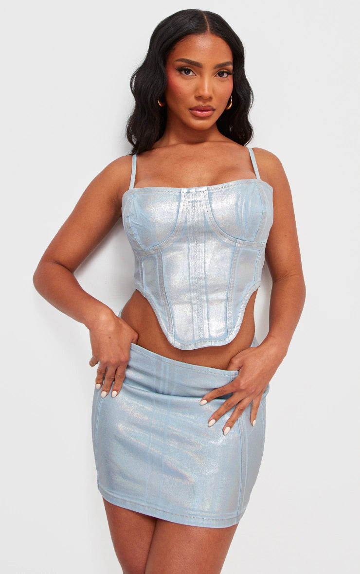 Silver Metallic Coated Denim Corset Top