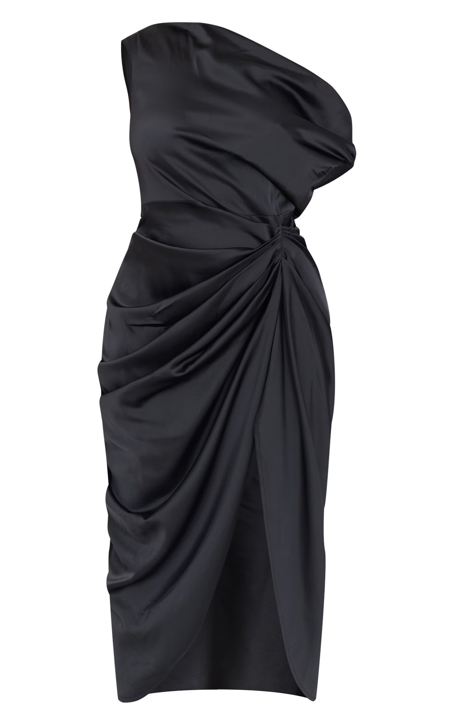 Plus Black Satin Off The Shoulder Draped Skirt Midi Dress