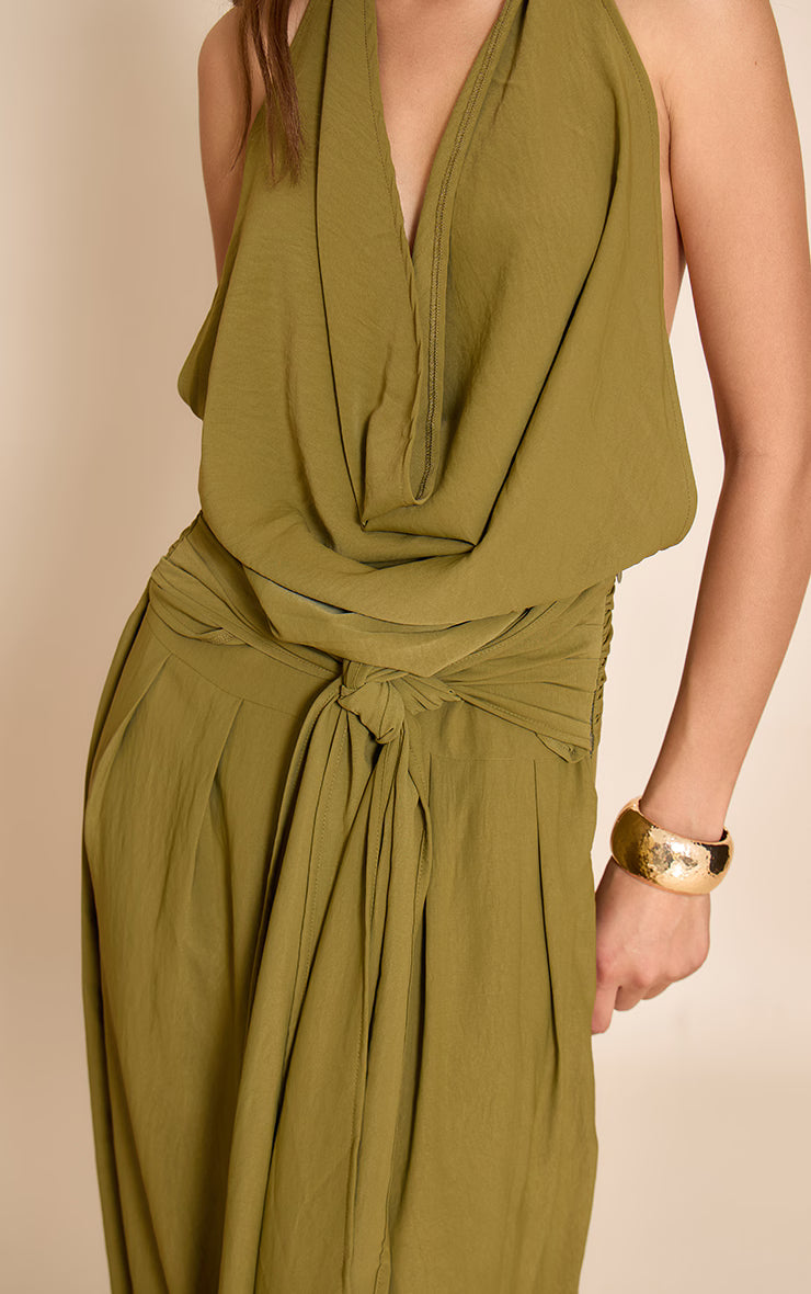Olive Floaty Woven Cowl Neck Low Back Maxi Dress