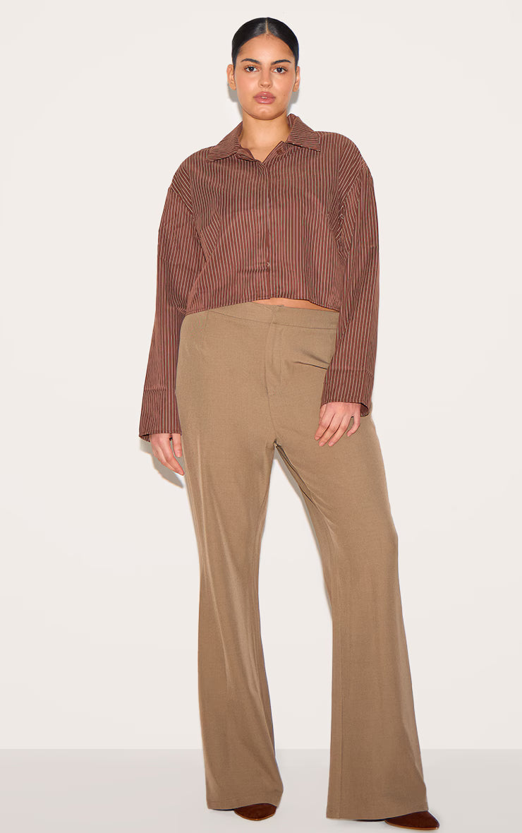 Plus Brown Faux Suede Cropped Striped Shirt