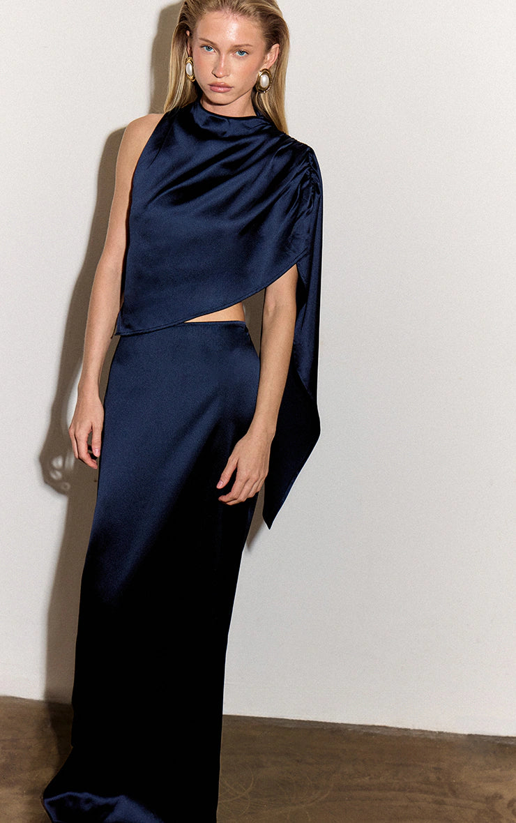 Navy Satin Low Rise Maxi Skirt