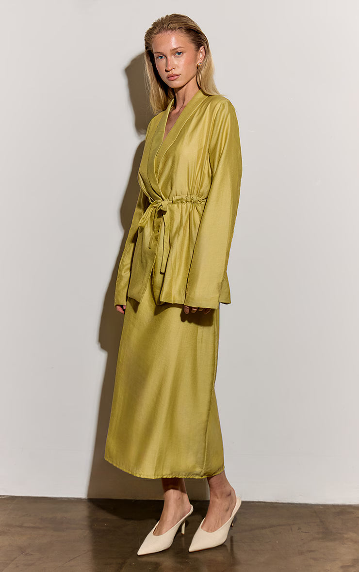 Pale Chartreuse Sheer Organza Midi Skirt