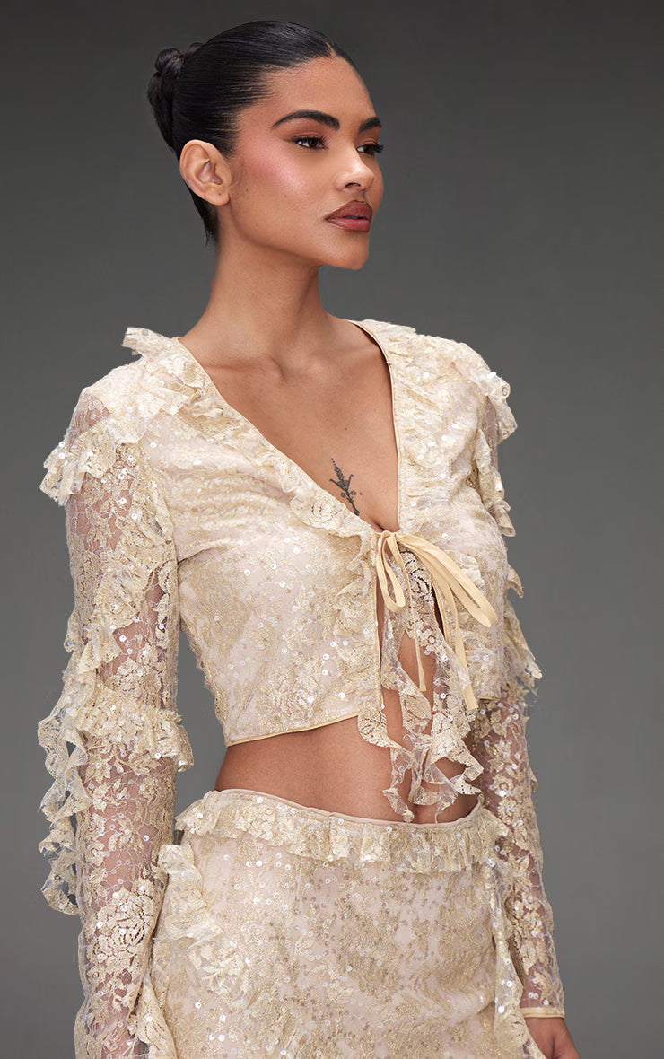 Champagne Sequin Lace Ruffle Detail Tie Front Blouse
