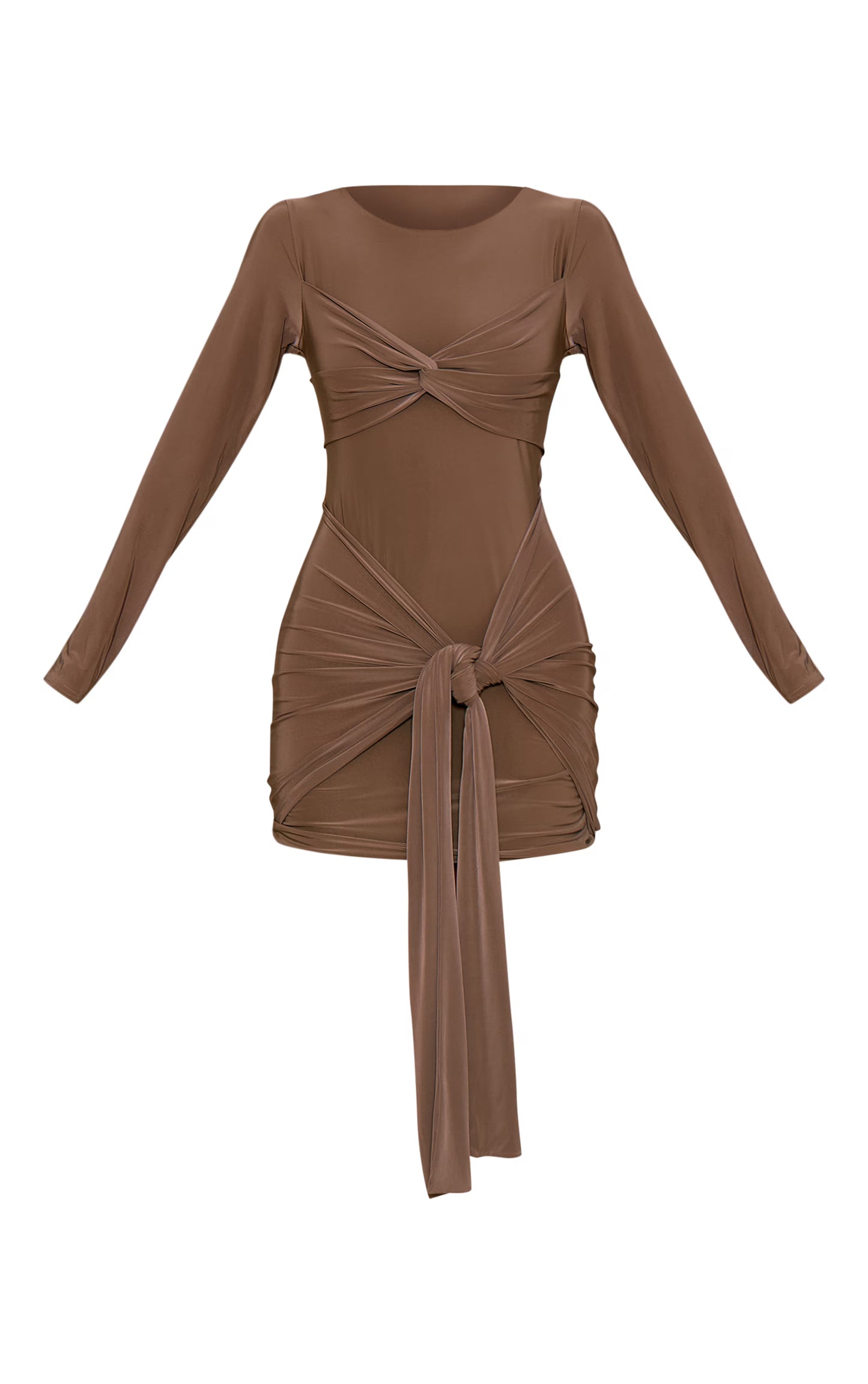 Mushroom Slinky Long Sleeve Wrap Twist Detail Mini Dress