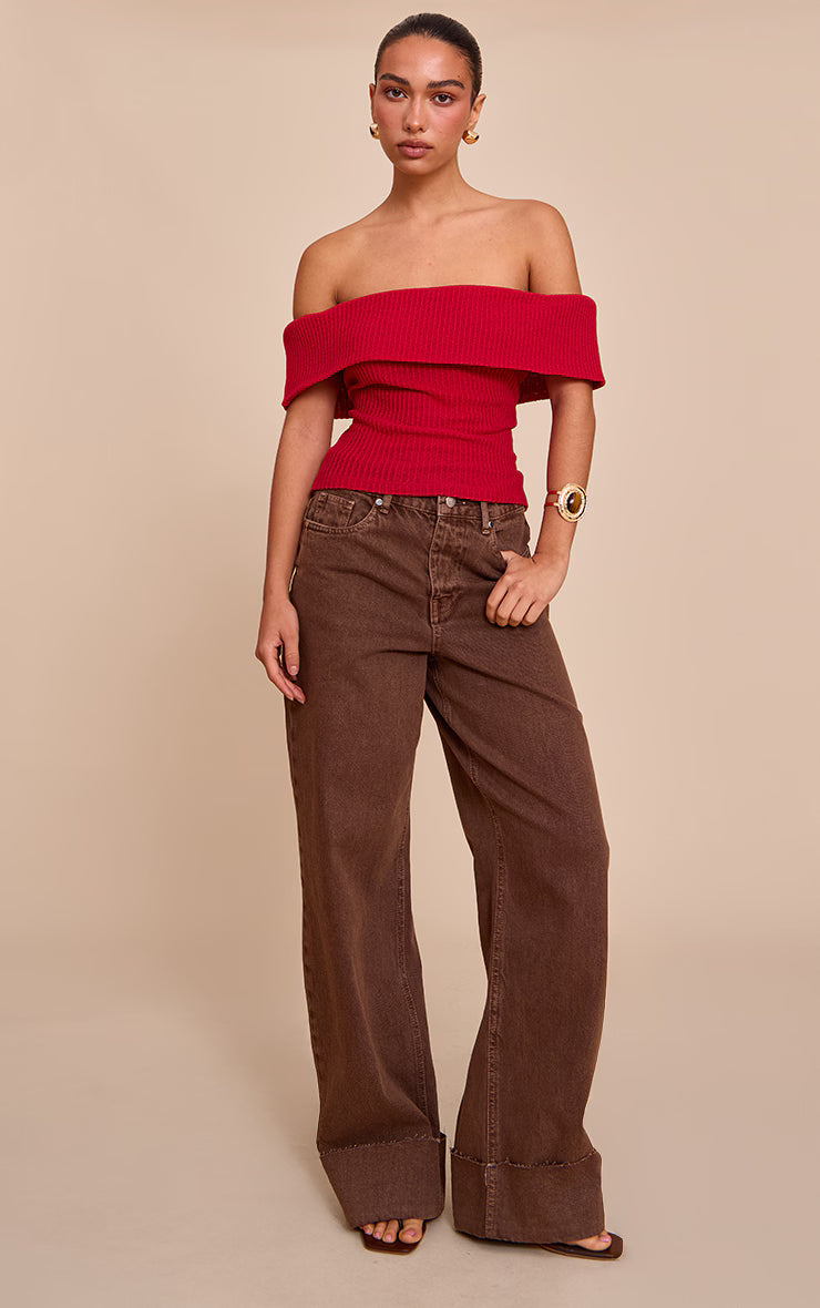 Red Textured Fold Over Detail Bardot Top