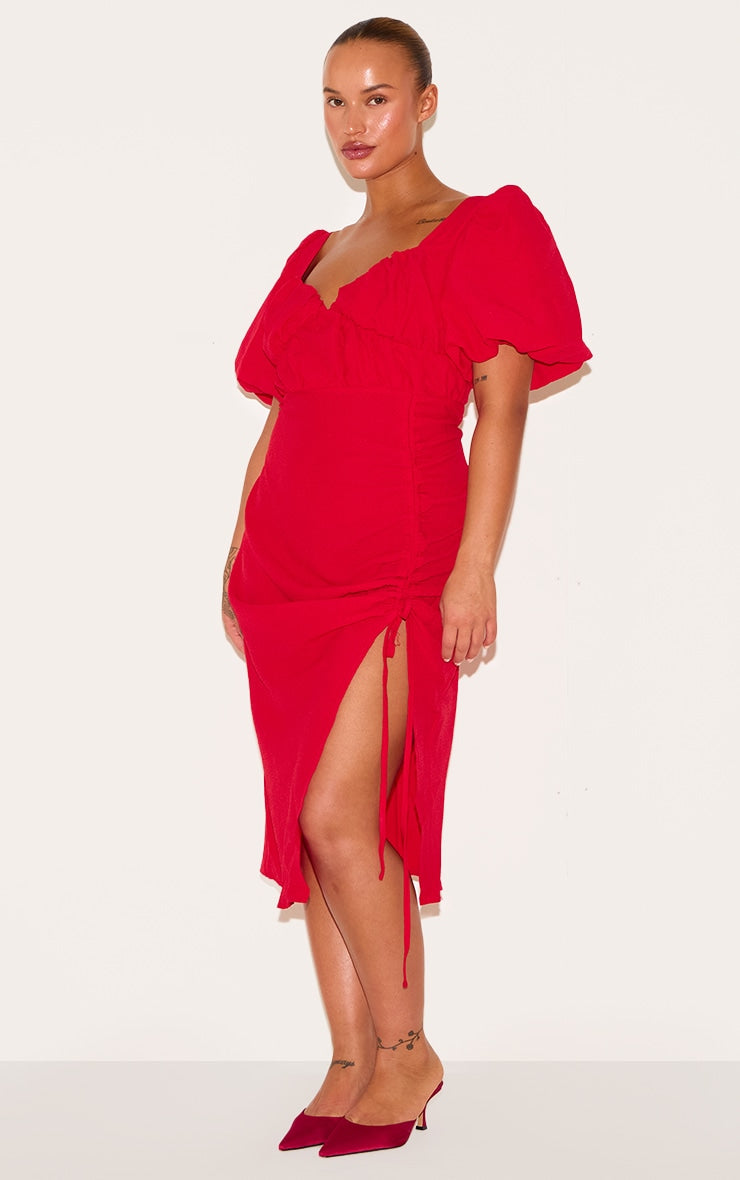 Plus Red Puff Sleeve Ruched Split Side Midi Dress