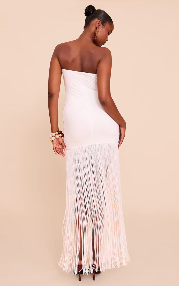 Cream Soft Touch Bandeau Fringe Maxi Dress