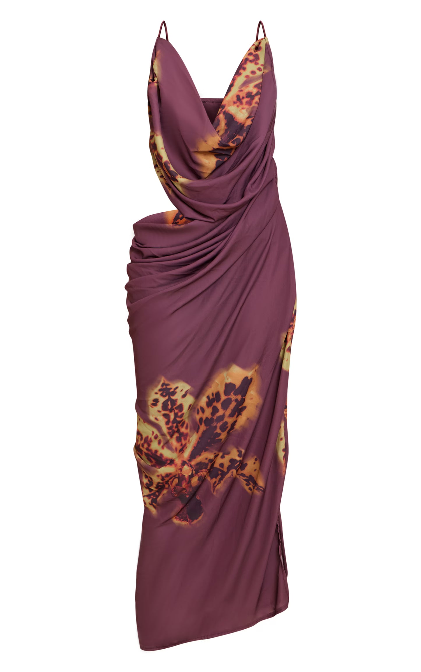 Purple Floral Chiffon Drape Cut Out Midaxi Dress