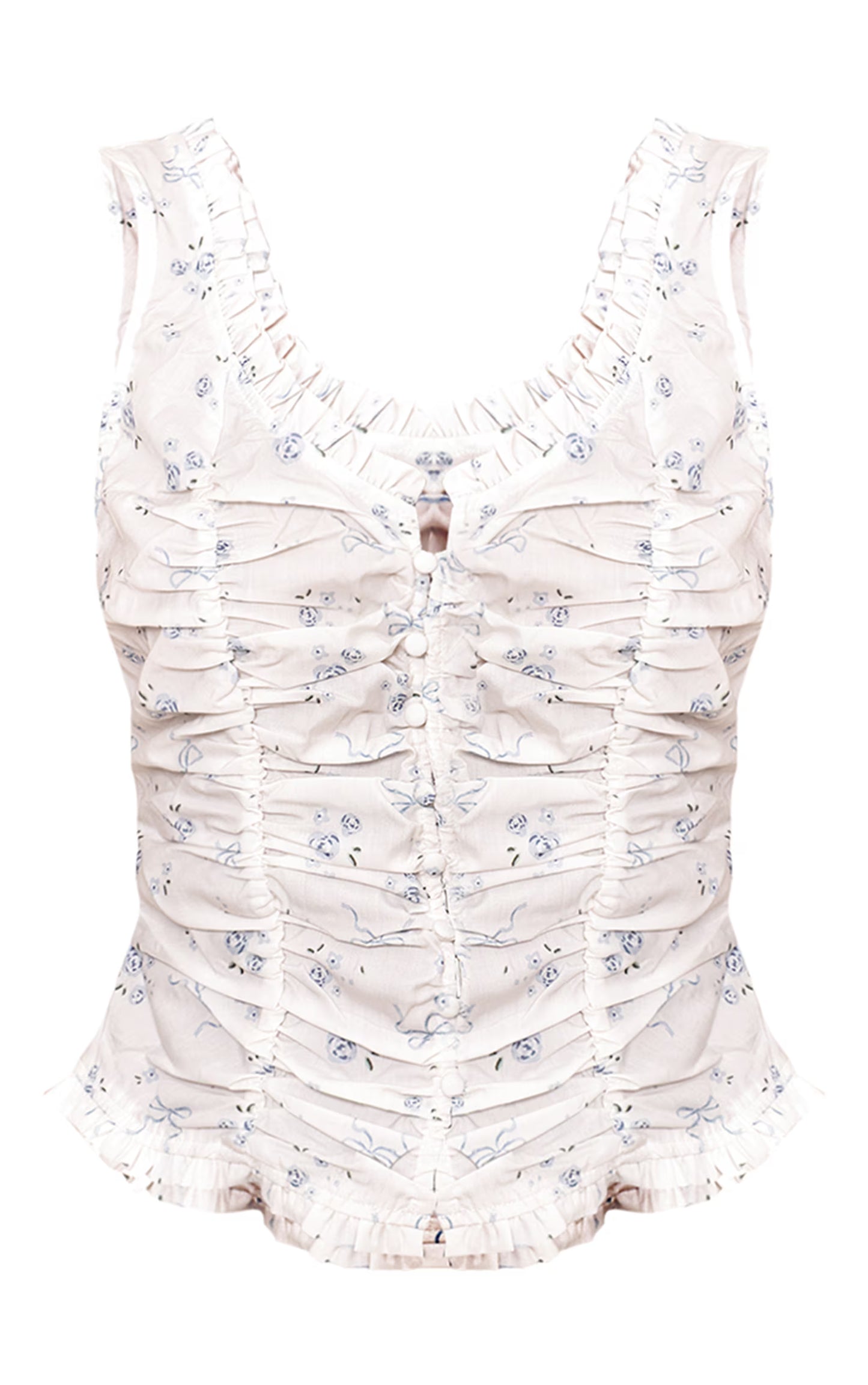White Ditsy Floral Print Cotton Ruched Front Fitted Top