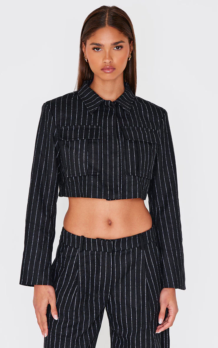 Black Premium Pinstripe Pocket Detail Cropped Shirt