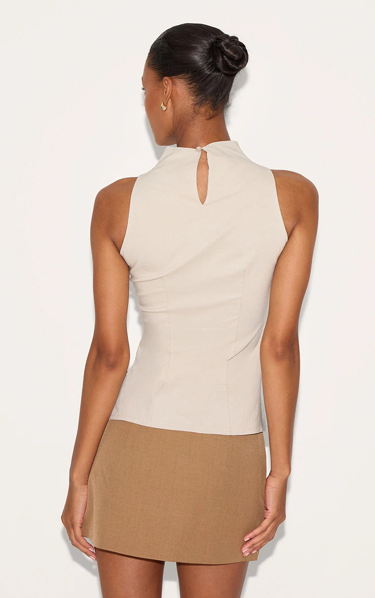 Stone Bengaline High Neck Waist Detail Long Top