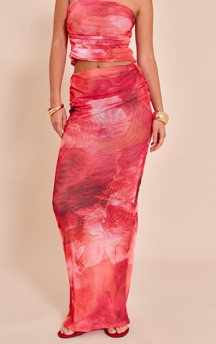 Pink Floral Print Chiffon Mesh Maxi Skirt